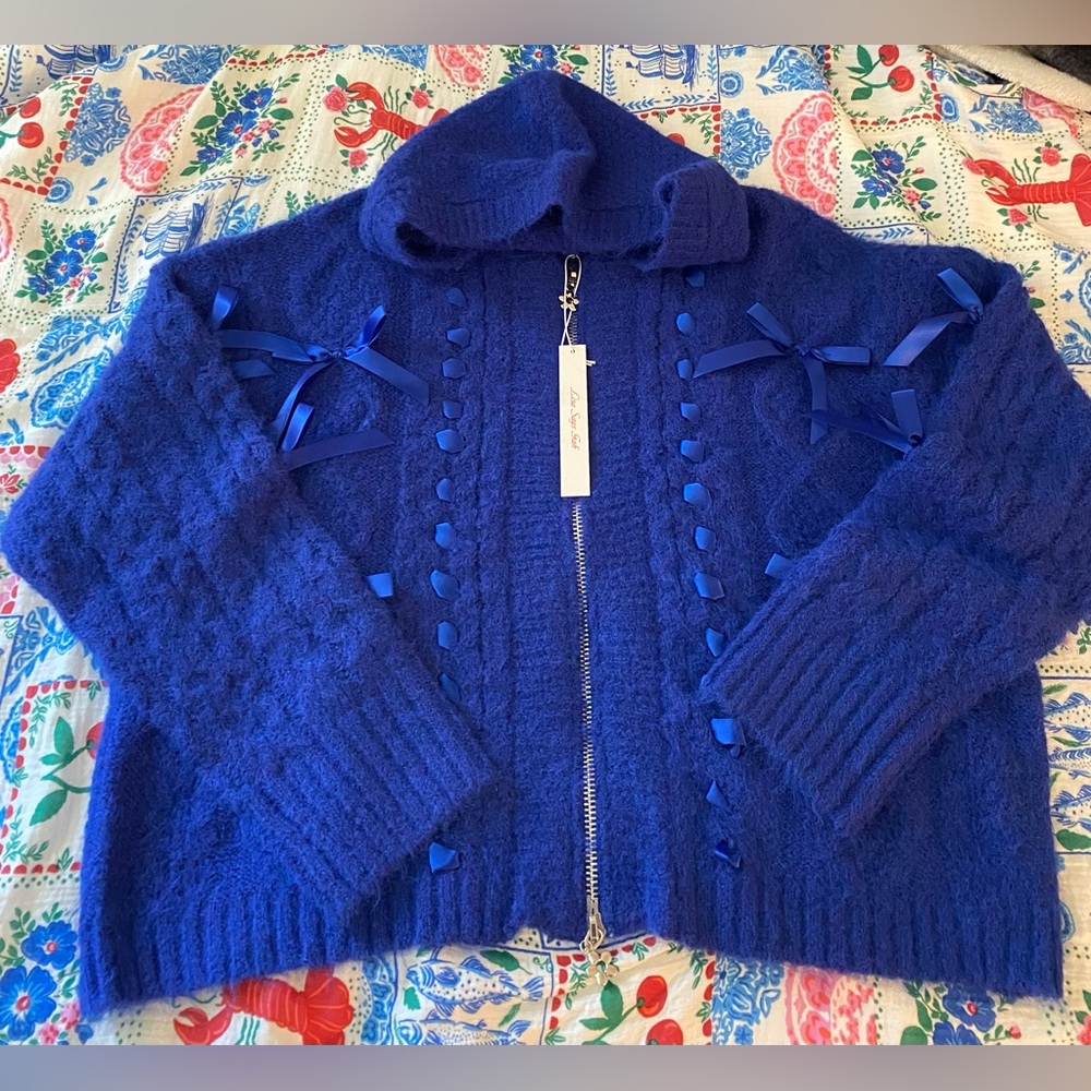 Lisa Says Gah Royal Blue Hooded Ribbon-Trim Zip Sweater